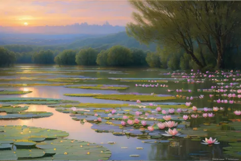 paysage, Eau cristalline,coucher du soleil, Water lilies,(Highly detailed CG Unit 8k wallpaper), The most beautiful work of art ...