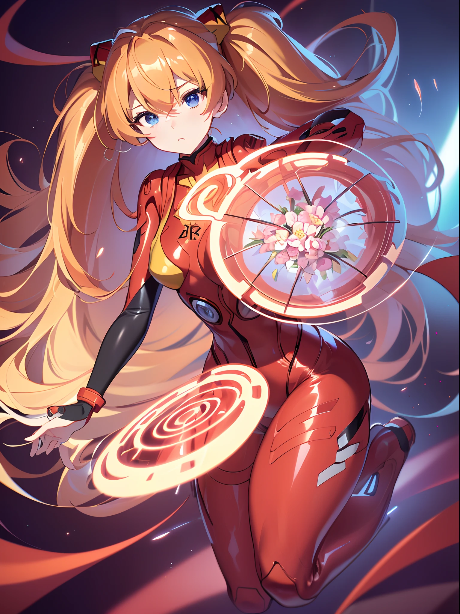 ((souryuu asuka langley,headgear,backless latexsuit:1.2,Blonde,side twintails)),(Glowing eyes:1.233), diffuse reflection, high-profile, majestic,(frown,Tsundere,blushing,adorable face,bishoujo,kawaii,)(Beautiful and detailed eyes:1.3),1girl,Solo,(Masterpiece,Best quality, offcial art,Target the audience, Beautiful and aesthetic:1.2),(超高分辨率,Golden ratio), (4K), (looking from above),((a girl holding flower bouquet,))kneeling,Floating, (photo maping, Physically-based rendering,automatic white balance),Amazing,Sharp focus,(((holographic))), (((high detailed skin,)))Dynamic lighting,Intricately detailed clothing,Watery eyes,(masterpiece sidelighting),(busty,a beauty girl,The sheen),[[Delicate fingers and hands:0.55]::0.85],(Detail fingers),((((BREAK,Design an image with a fisheye lens effect, capturing a wide field of view with a distinctive, curved perspective.BREAK,)))Superior photographic quality,((extremely_Detailed_Eyes_and_face)),(Disheveled hair),Movie girl,