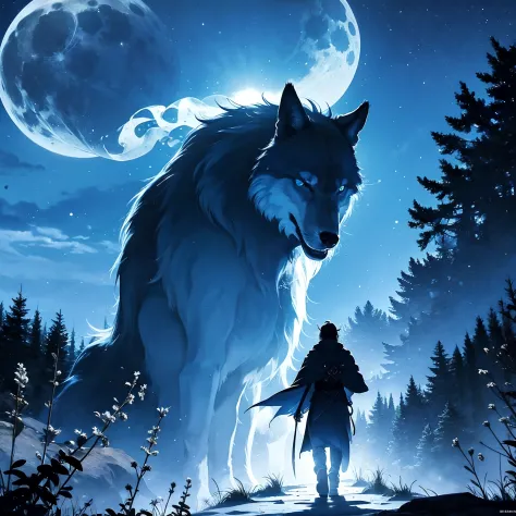 Blue samurai, ghost, walking with a wolf in a haunted village, night sky, full moon, realistic, Full HD, best quality