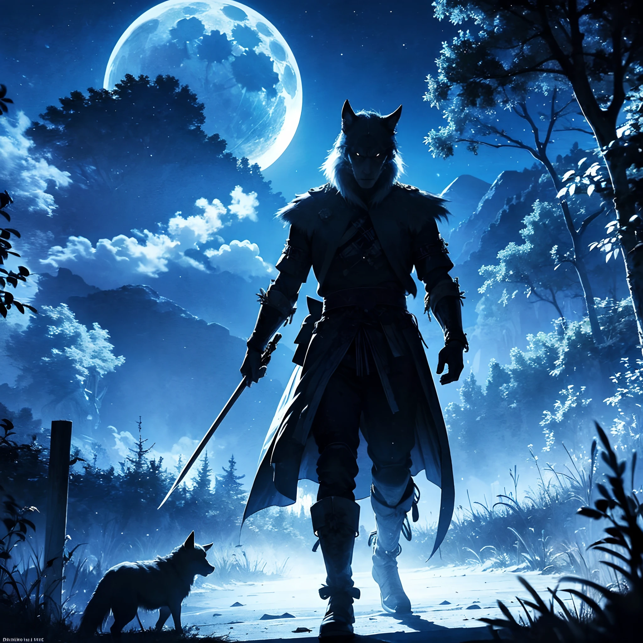 蓝色武士, 鬼, 在闹鬼的村庄里和狼一起散步, 夜空, 满月, 实际的, 全高清, 最好的质量