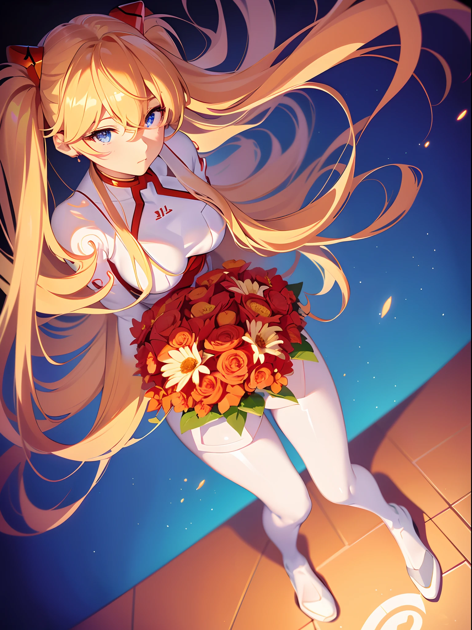 ((souryuu asuka langley,headgear,white skater dress,Blonde,side twintails)),(Glowing eyes:1.233), diffuse reflection, high-profile, majestic,(frown,Tsundere,blushing,adorable face,bishoujo,kawaii,)(Beautiful and detailed eyes:1.3),1girl,Solo,(Masterpiece,Best quality, offcial art,Target the audience, Beautiful and aesthetic:1.2),(超高分辨率,Golden ratio), (4K), (looking from above),((a girl holding flower bouquet,))kneeling,Floating, (photo maping, Physically-based rendering,automatic white balance),Amazing,Sharp focus,(((holographic))), (((high detailed skin,)))Dynamic lighting,Intricately detailed clothing,Watery eyes,(masterpiece sidelighting),(busty,a beauty girl,The sheen),[[Delicate fingers and hands:0.55]::0.85],(Detail fingers),((((BREAK,Design an image with a fisheye lens effect, capturing a wide field of view with a distinctive, curved perspective.BREAK,)))Superior photographic quality,((extremely_Detailed_Eyes_and_face)),(Disheveled hair),Movie girl,