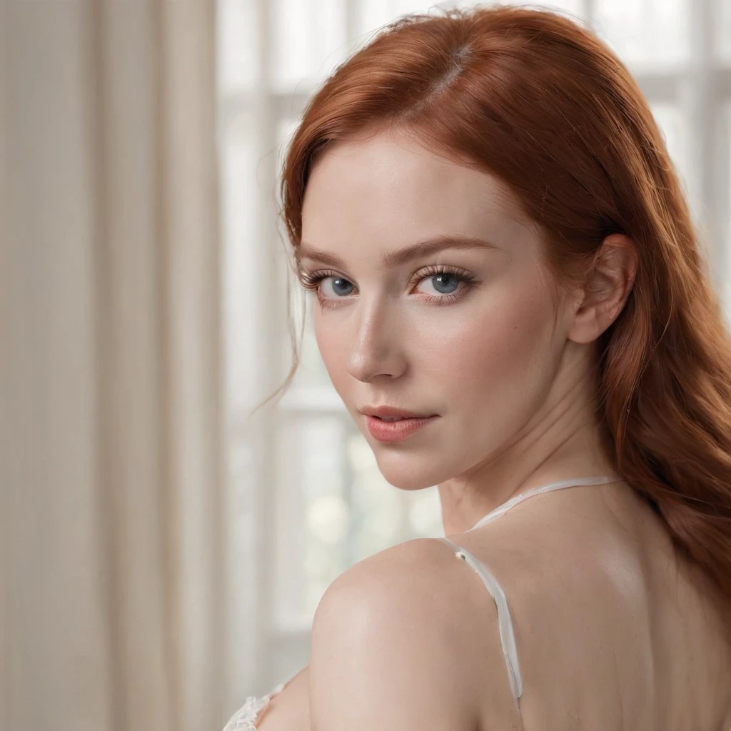 A close up of a woman with long red hair wearing a white dress - SeaArt AI