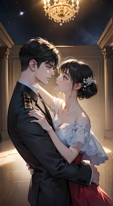 romantic couple look at each other, the man pick the woman up, black-haired mature man，Girl with black short hair with fringe (soft smile, shy)，different height ((the man is taller)), glowing stars，Glow effects, the night，in the ball room，The face is clear...