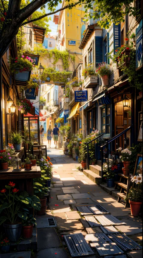 there is a painting of a street with flowers and plants, beautiful ...