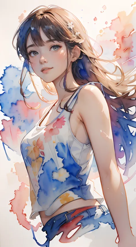 8k,​masterpiece,top-quality, from below , from below ,dynamic pose,1girl in, portrait, floral, watercolor sketch, light, long ha...