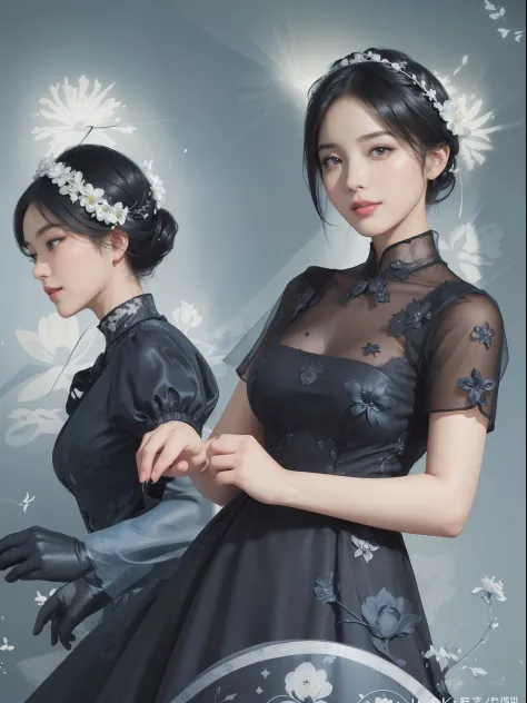 ((Best Quality))), (8K picture quality), ((Masterpiece)), (Very sophisticated、Beautiful fece), (wearing dresses) , (1womanl), (black-short-hair), ((Bright dresses)), with floral pattern, Blue silk fabric, 电影灯光, Gentle facial expressions, (A slight smil:1.3...