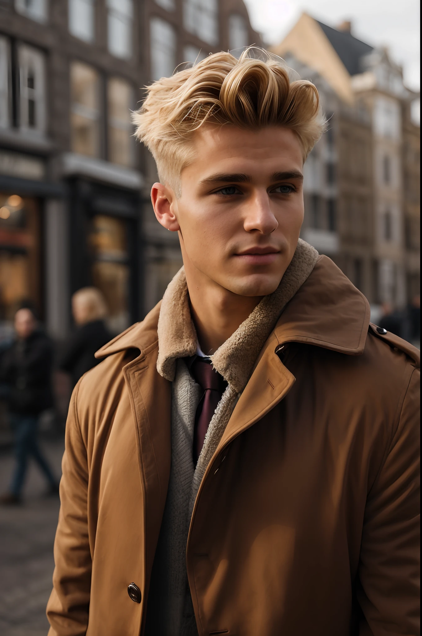 arafed man in a brown coat and tie standing in a city, blonde guy, beautiful young man, blonde man, lean man with light tan skin, light brown coat, in the style jordan grimmer, attractive man, blonde british man, attractive male, blond boy, cute young man, attractive young man, light brown trenchcoat, handsome male look straight into the camera
