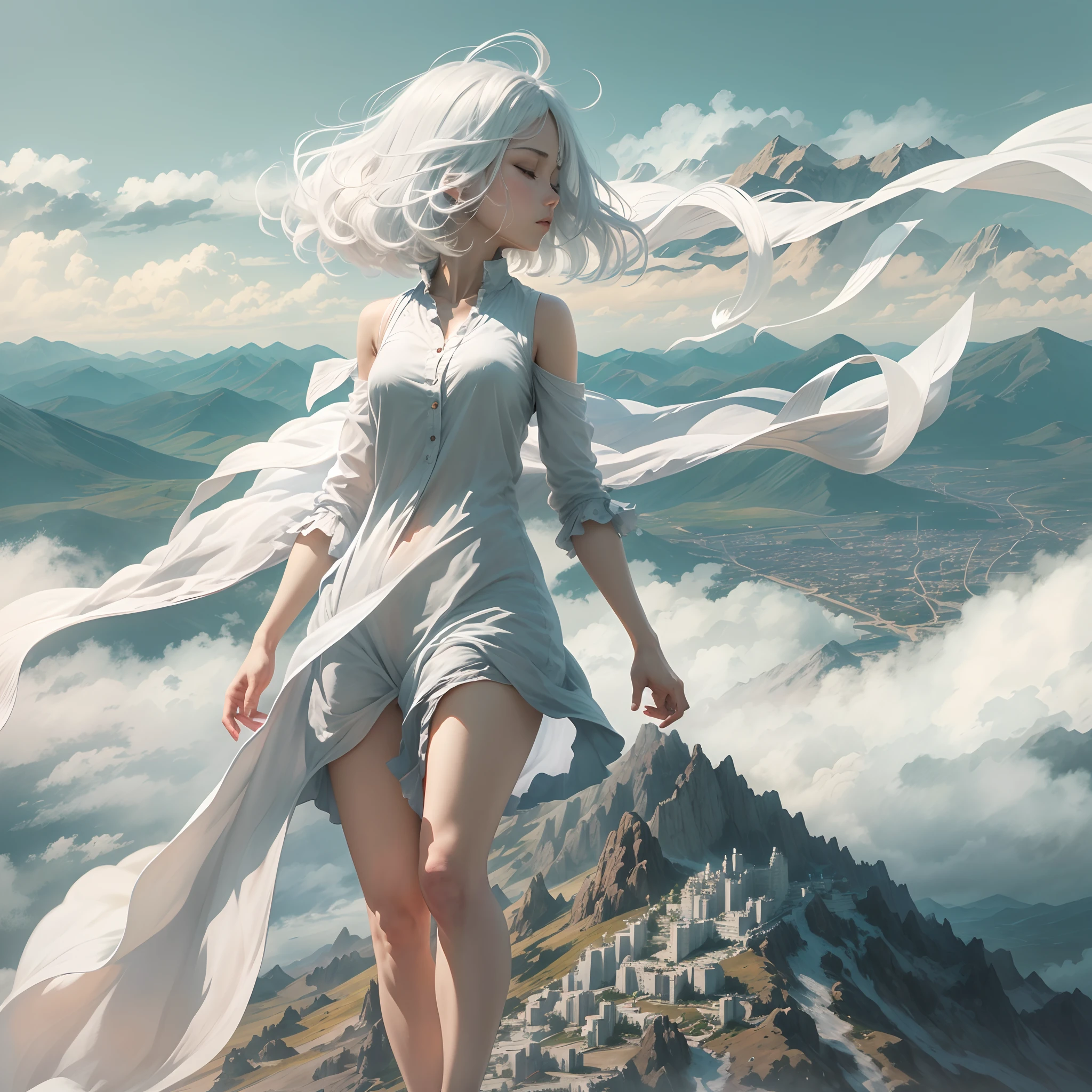 Anime girl with white hair walking on a mountain top - SeaArt AI