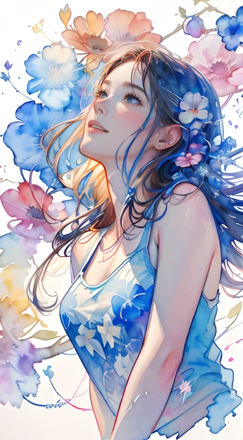 8k,​masterpiece,top-quality, from below , from below ,dynamic pose,30 years old 1 girl, portrait, floral, watercolor sketch, lig...