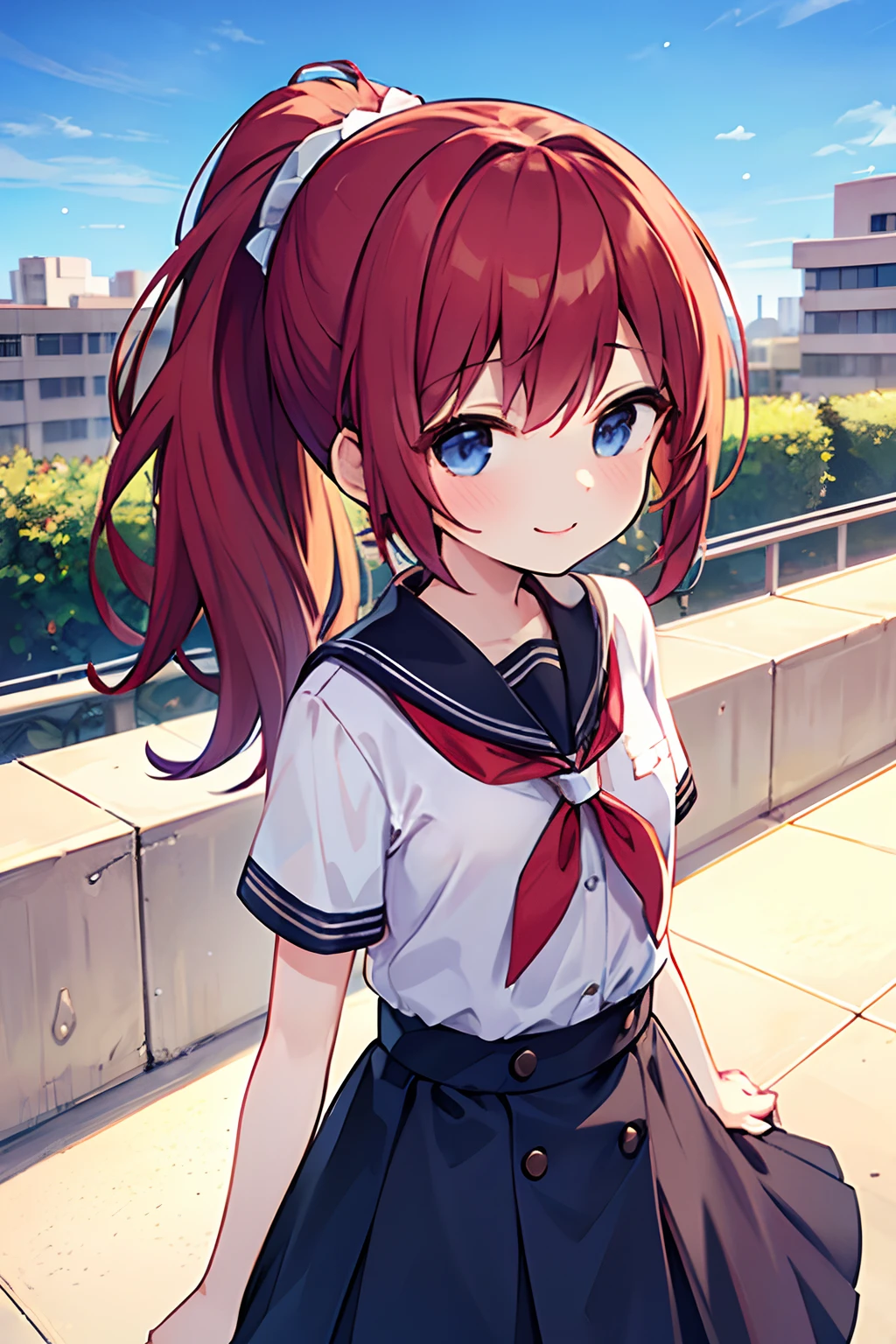 masterpiece, best quality, 1girl, elementary school student, long hair, ((red hair)), long hair, ponytail, blue eyes, on the the roof of a hospital, ((fence)), (high railing)), wearing a surgery clothes, ((detail face)), ((expressionless)), in the hospital roof, in the roof, ((with open arms)), (smiling), (standing on the high railing), clear sky