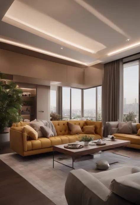 Imagine a scene of a chic 1LDK apartment. The room is bathed in natural light, highlighting the trendy furniture and decor. A focal point in the living area is a coffee table, where a pile of money and a contemporary telephone are neatly placed. The ambian...