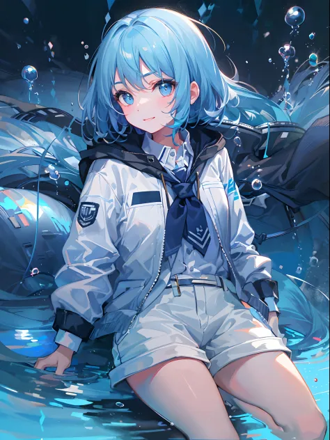 ((top-quality)), ((​masterpiece)), ((ultra-detailliert)), (extremely delicate and beautiful), girl with, 独奏, cold attitude,((Black jacket)),She is very(relax)with  the(Settled down)Looks,A dark-haired, depth of fields,evil smile,Bubble, under the water, Ai...