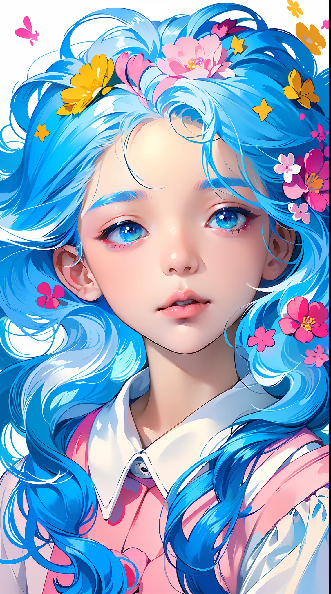 (Masterpiece, Best Quality, High Resolution), White Background, Acrylic Paint, ((Color Splash, Splash of Ink, Color Splash)), Sweet Chinese Girl, Long Light Blue Hair, [Light Blue|Pink] Hair, Curly Hair, Glitter, Peach Lips, White Shirt, Front, Upper Body