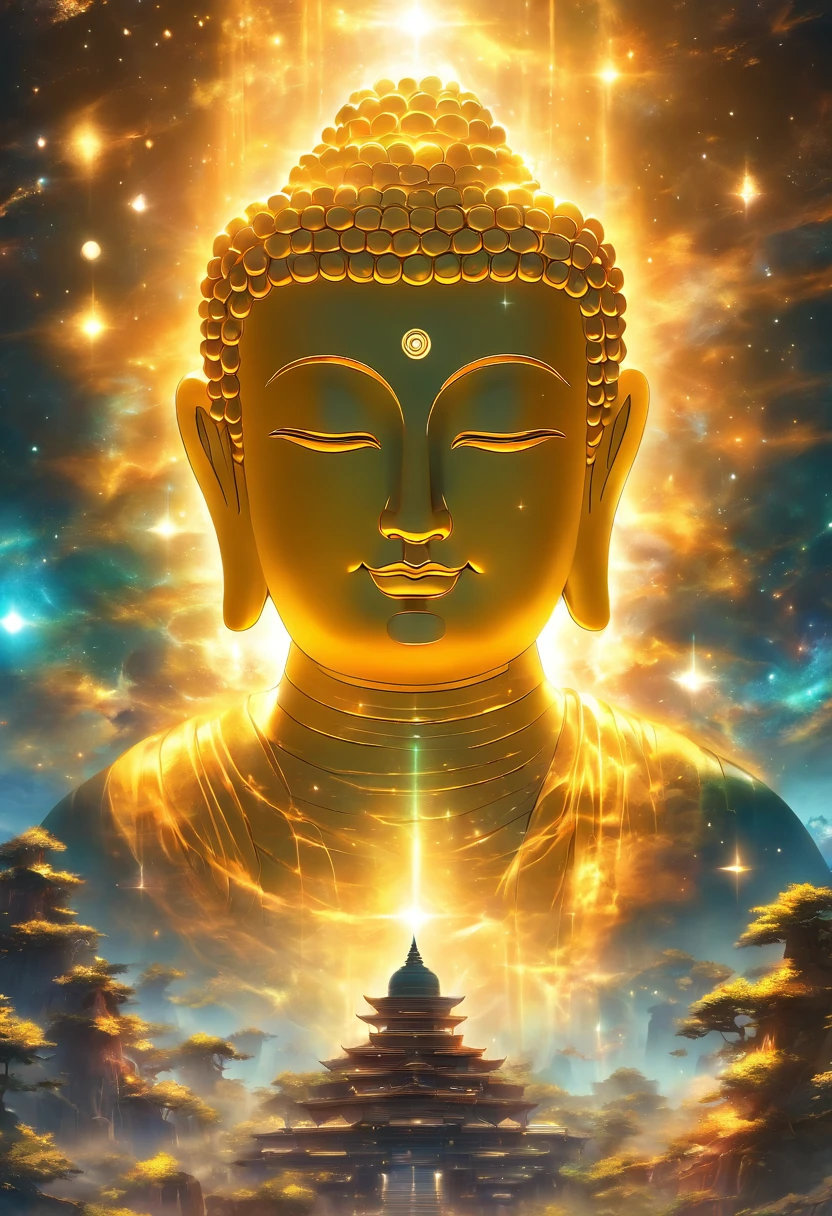 우주에서 흙빛 노란 행성을 바라보고 있는 거대한 투명한 부처님 머리，글로우 효과，oc 렌더링