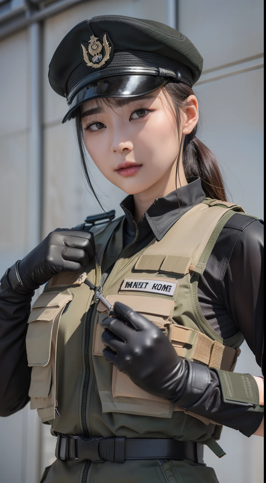 Korean woman, A tough and strong woman wearing army clothing with a bulletproof vest, rank badges, gloves, black glove, cap, look at viewer