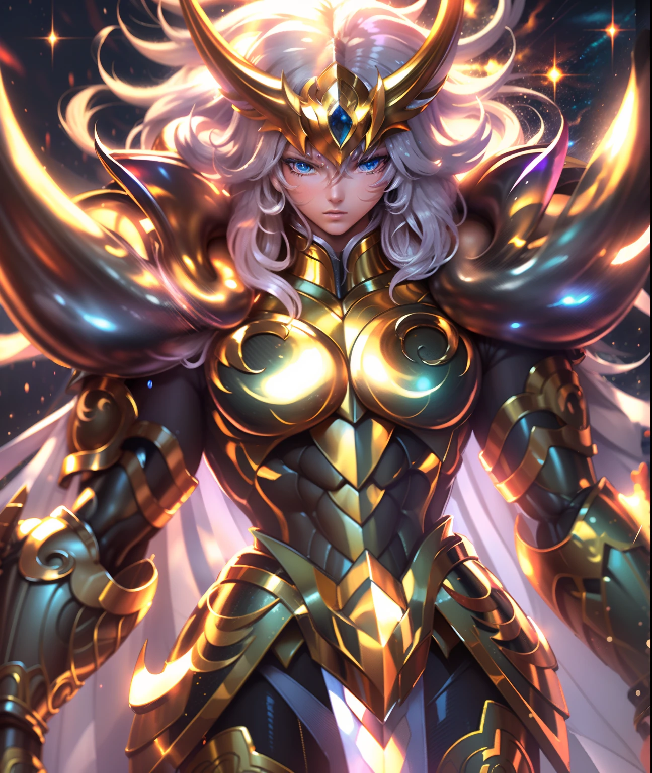 Ultra-high saturation，（tmasterpiece）， fully body photo，（best qualtiy）， （1girll）， starryskybackground，Wearing shiny gold armor， Sexy lingerie type armor，Expose your chest，Expose the waistline，Exposing thighs，cool-pose， Saint Seiya Armor， messy  hair，high detal, Anime style, Cinematic lighting, Sparkle, god light, Ray traching, filmgrain, hyper HD, textureskin, super detailing, Anatomical correct, A high resolution，Ultra-high saturation，hight contrast，High-gloss armor，Smooth skin，Serious expressions