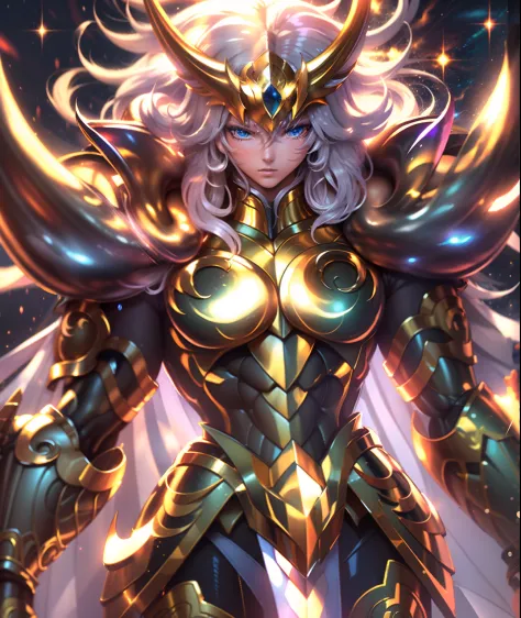 ultra-high saturation，（tmasterpiece）， fully body photo，（best qualtiy）， （1girll）， starryskybackground，wearing shiny gold armor， s...