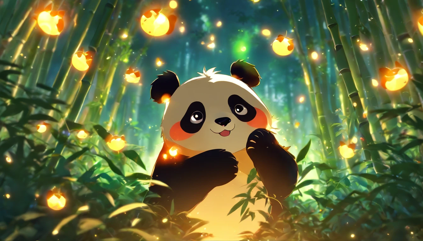 KIDS ILLUSTRATION，Silent night, Quiet bamboo forest, Bamboo leaves fall in the wind,Cute and cute giant pantty， Full moon in the sky, fireflies flying，（（oc rendered））