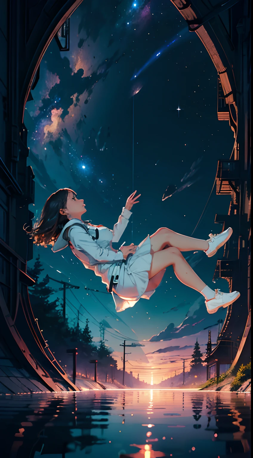 masterpiece, a cute girl falling in a river, falling_blur, cosmic, reflections, cosmos, best quality, wallpaper, space suit, epic, depth , gorgeous, intricate, detailed, from side, perspective, moviment,