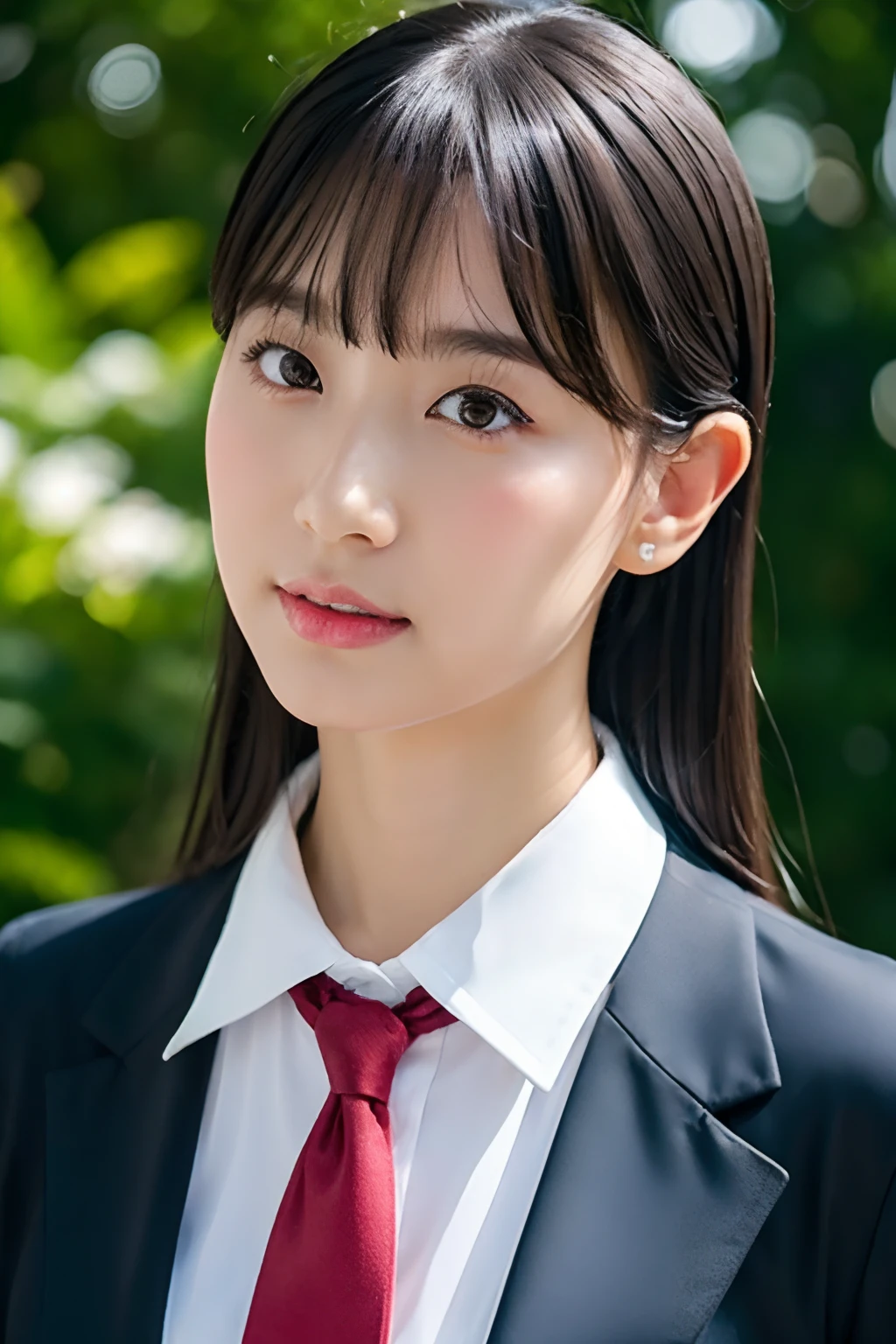 Japan school uniform, a closeup, wide angles, low angles, peitos fartos, Brown hair, looking at the viewers, portlate, 耳Nipple Ring, ear phone, hi-school girl, Fabric Pleated Skirt, neck tie, Black Suit, Red suit, a sailor suit, Posing Black Eye, unparalleled masterpiece ever, Ultra realistic 8K CG, Clean and beautiful face, Glossy skin, Skindentation, top-quality, 超A high resolution, Photorealsitic, ((Look at viewers))