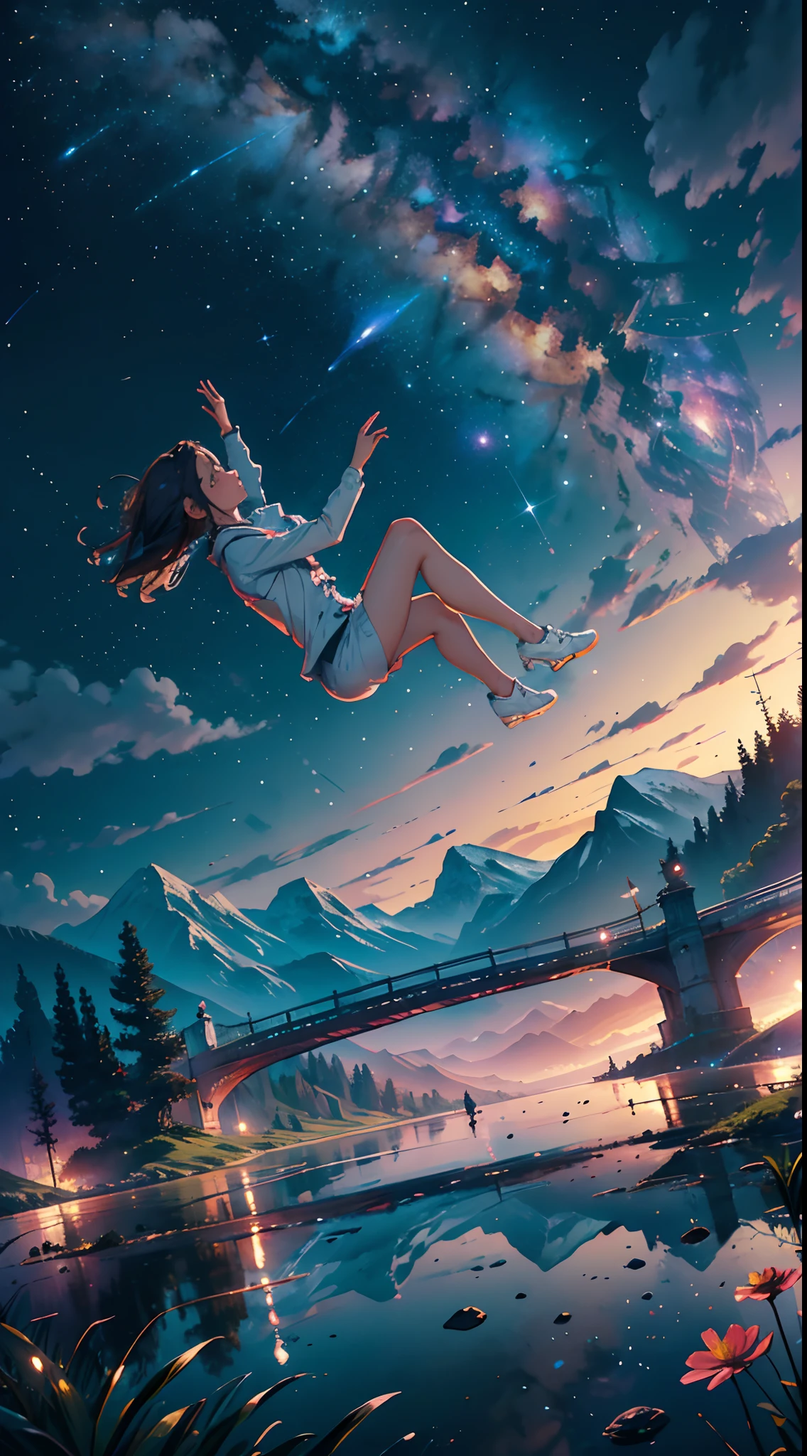 masterpiece, a cute girl falling in a river, falling_blur, cosmic, reflections, cosmos, best quality, wallpaper, space suit, epic, depth , gorgeous, intricate, detailed, from side, perspective, moviment,, happy, happyness, , night, landscape, scenary, mountian,partices