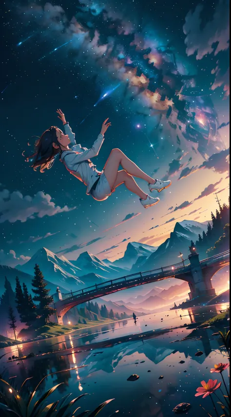 masterpiece, a cute girl falling in a river, falling_blur, cosmic, reflections, cosmos, best quality, wallpaper, space suit, epi...