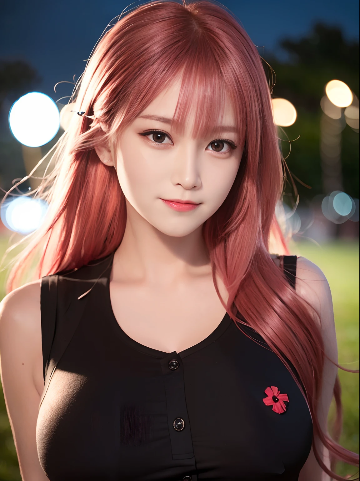 best quality, realistic, ultra high res, (photorealistic1.4), red eyes, red hair, smile, sleeveless red button shirt, 1girl, solo, glowing eyes, night, in the park, ((upper body)), ((puffy eyes)), (((looking at viewer))), ((closeup)),