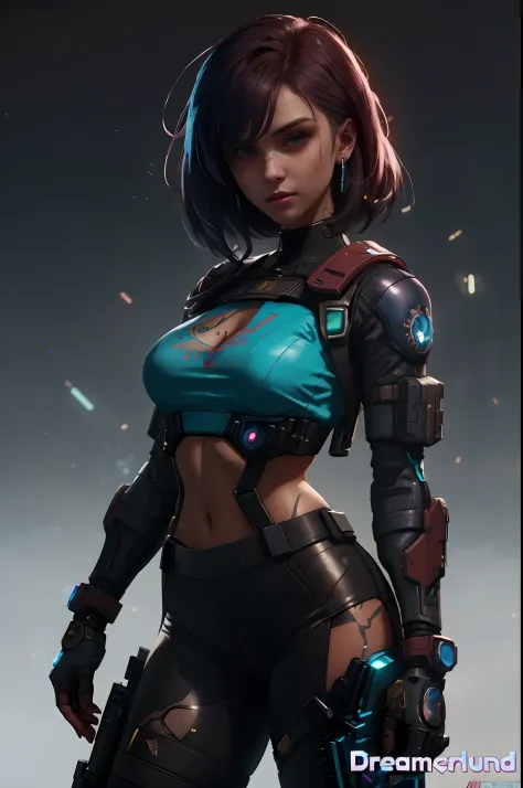 a woman in a blue top and black pants holding a gun, menina em mecha cyber armor, cyberpunk menina anime mech, menina de anime c...