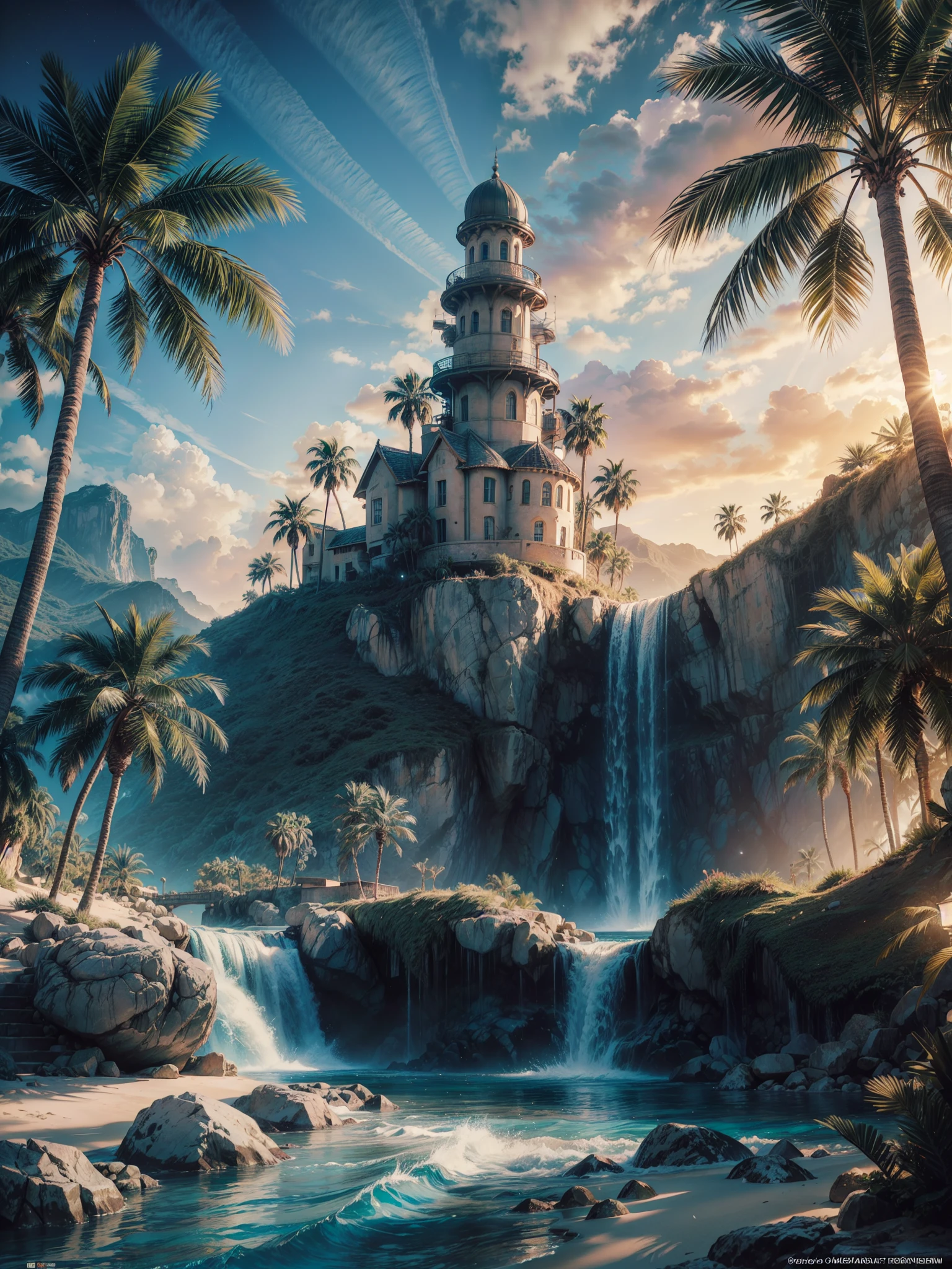 Palm Tree desert island, beautiful deset island, palm trees desert island, artificial waterfall, realistic detailed portrait, AMD FidelityFX Super resolution 3, night light effects, cinematic night light, ocean, masterpiece collection award winning artwork, official art,