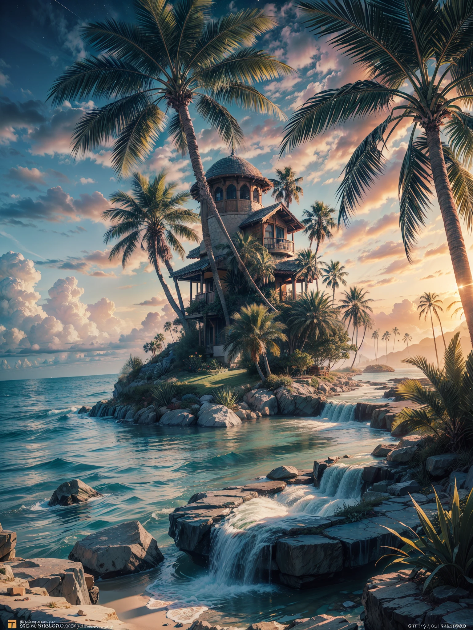 Palm Tree desert island, beautiful deset island, palm trees desert island, artificial waterfall, realistic detailed portrait, AMD FidelityFX Super resolution 3, night light effects, cinematic night light, ocean, masterpiece collection award winning artwork, official art,