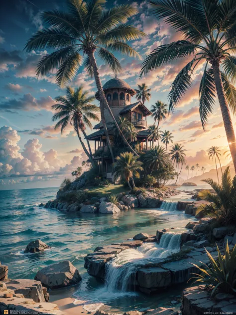 palm tree desert island, beautiful deset island, palm trees desert island, artificial waterfall, realistic detailed portrait, am...