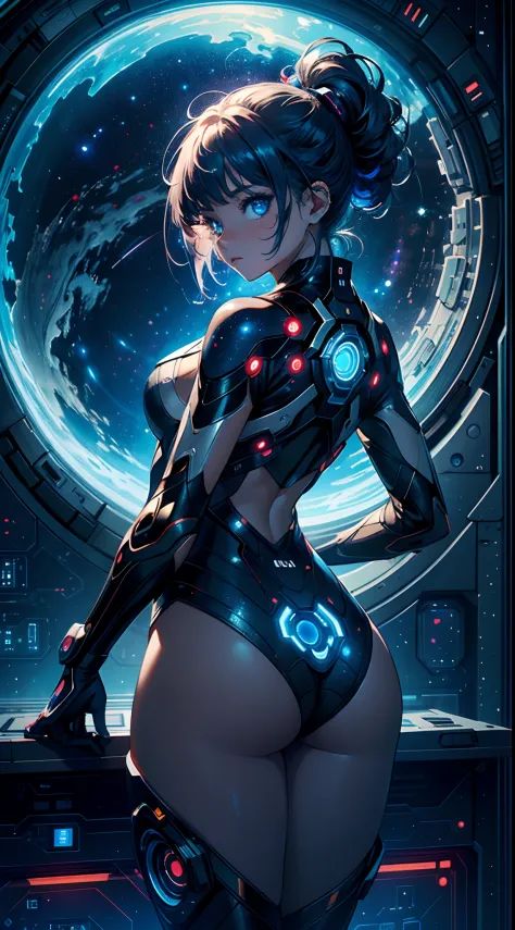 Masterpiece, a girl in a space station, on space, window, gorgeous, wallpaper, cosmic, cosmos, constelations, jupyter, futuristic, cyber, tech, technological, space suit, cut girl, cute, expressive eyes, perfect face, looking back, cinematic, artistic, cre...