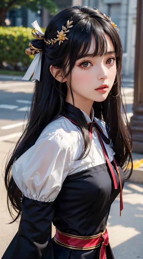 best quality, (photorealistic:1.2), 1girl, solo, detailed face, face focus, standing, black hair,(hair ornament:1.35),office lady, ribbon-trimmed sleeves, detached sleeves, ribbon trim, wide sleeves, (looking at viewer:1.5) long hair, black eyes, bangs, li...