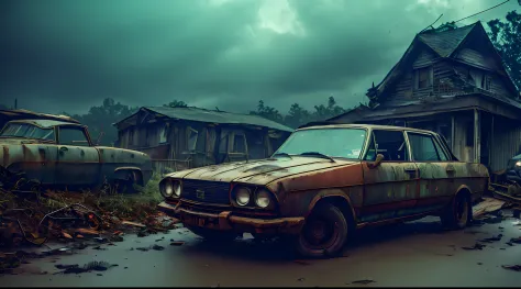 a rusty blue car in the foreground, a ruined wooden house of horror in the background, rusted car parts scattered on the ground,...