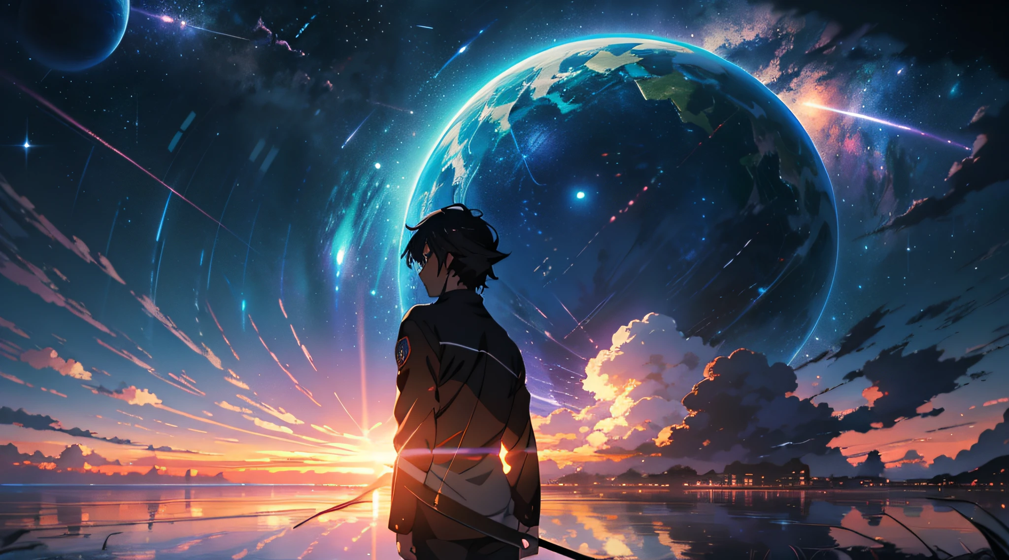 anime - escena de estilo de un hermoso cielo con una estrella y un planeta, cielos cósmicos. por Makoto Shinkai, fondo de pantalla de arte anime 4k, Fondo de pantalla de arte anime 4K, fondo de pantalla de arte anime 8 K, fondo de pantalla animado 4k, fondo de pantalla animado 4k, Fondo de pantalla animado 4K, cielo animado, increíble fondo de pantalla, fondo animado, planeta cielo en el fondo, fondo animado art