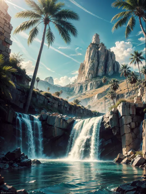 Palm Tree desert island, beautiful deset island, palm trees desert island, artificial waterfall, realistic detailed portrait, AM...