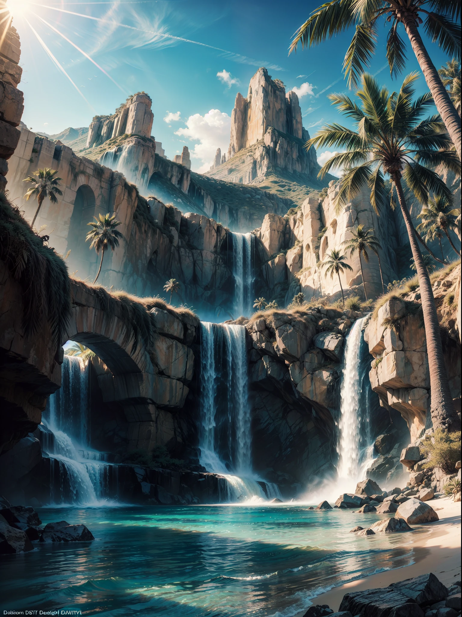 Palm Tree desert island, beautiful deset island, palm trees desert island, artificial waterfall, realistic detailed portrait, AMD FidelityFX Super resolution 3, day light effects, cinematic day light, ocean, masterpiece collection award winning artwork, official art,