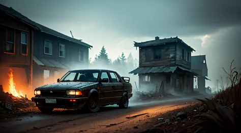 a rusty blue car in the foreground, a ruined wooden house of horror in the background, rusted car parts scattered on the ground,...