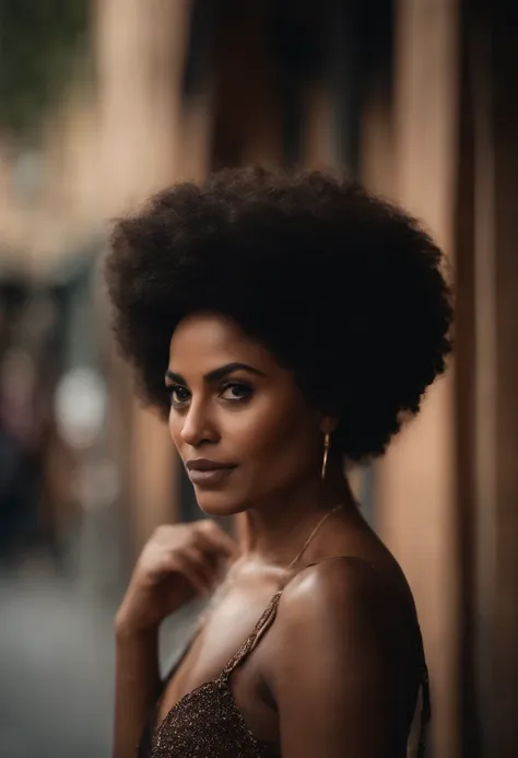 A woman with an afro is posing in a city - SeaArt AI