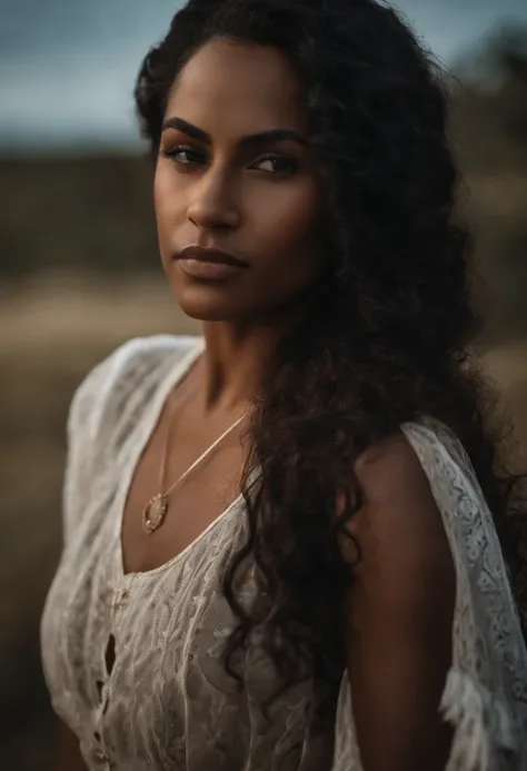 A woman with curly hair and a brown dress in the desert - SeaArt AI