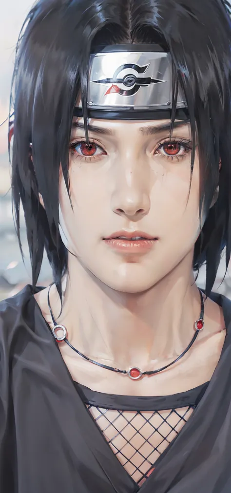 1man, uchiha itachi in anime naruto, long hair , black hair, red eyes, handsome, grey clothes, realistic clothes, detail clothes...