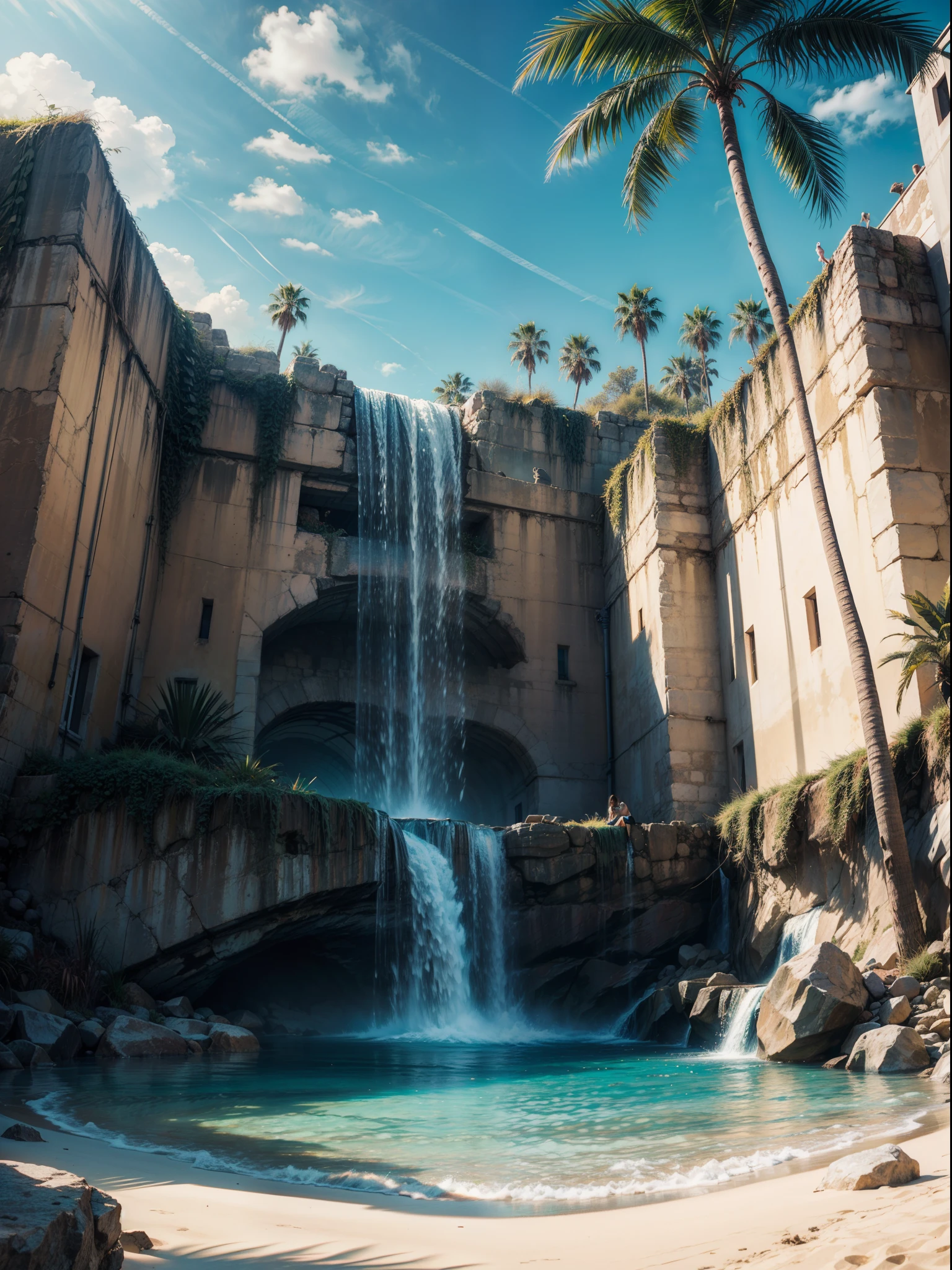 Palm Tree desert island, beautiful tourist point, palm trees desert island, artificial waterfall, realistic detailed portrait, AMD FidelityFX Super resolution 3, day light effects, cinematic day light, ocean, masterpiece collection award winning artwork, official art,