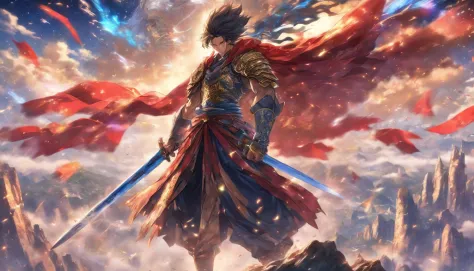 A tall and handsome man standing on top of a mountain, with fluttering flags behind him and a war-torn scene around him. He wields a giant sword, wearing a magnificent battle robe, and gazes resolutely in all directions, ,in the style of the stars art grou...