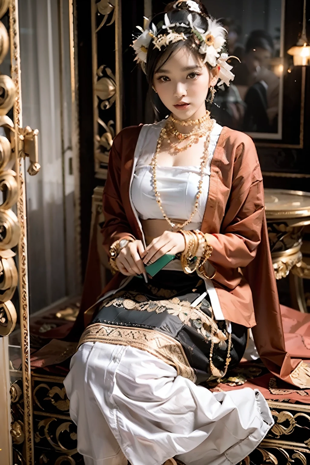 MMTD 缅甸图案传统服饰 穿美丽的女士, 佩戴珍珠项链和金手镯,全身细节之美