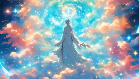 A mysterious figure in a white robe standing at the center of the world, surrounded by countless stars and cosmic nebulae, extending his hands as if creating and shaping the entire world, ,in the style of the stars art group xing xing, 32k, best quality, m...