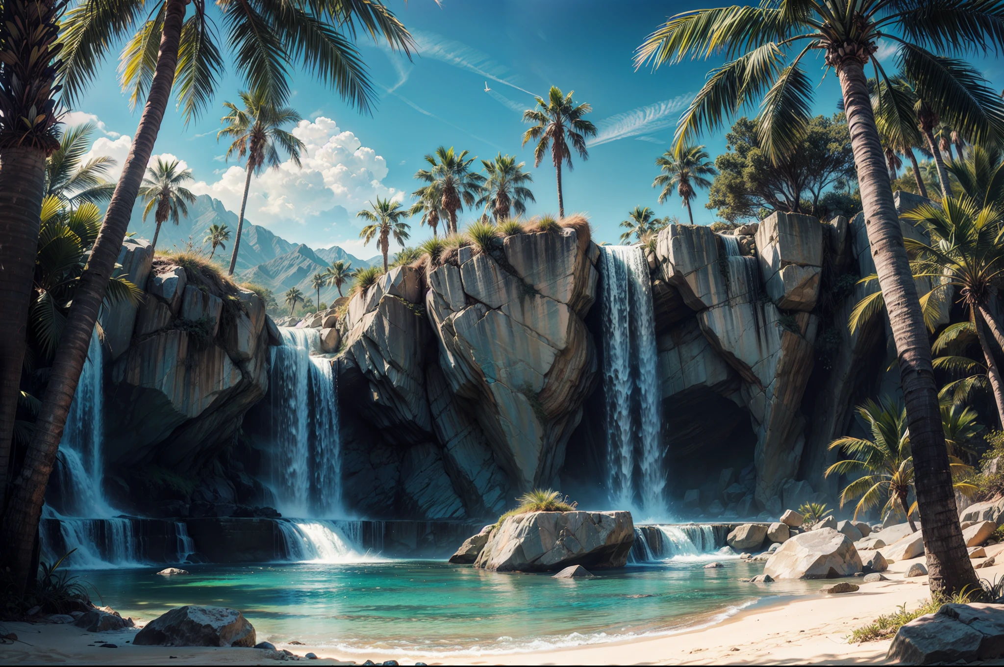 Palm Tree desert island, beautiful deset island, palm trees desert island, artificial waterfall, realistic detailed portrait, AMD FidelityFX Super resolution 3, day light effects, cinematic day light, ocean, masterpiece collection award winning artwork, official art,