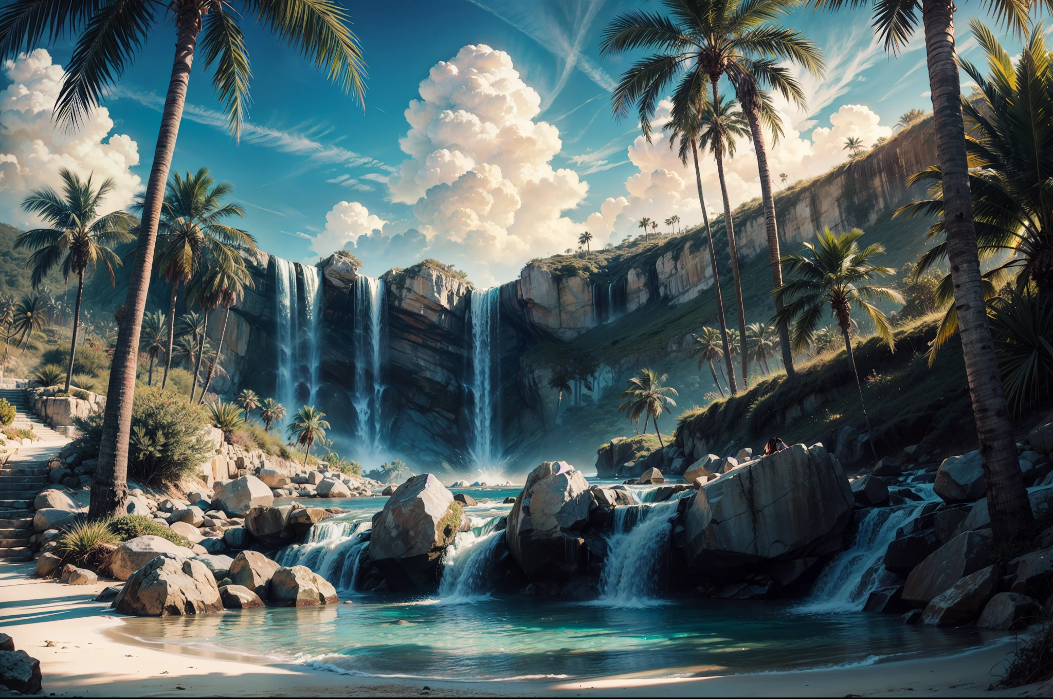 Palm Tree desert island, beautiful deset island, palm trees desert island, artificial waterfall, realistic detailed portrait, AMD FidelityFX Super resolution 3, day light effects, cinematic day light, ocean, masterpiece collection award winning artwork, official art,