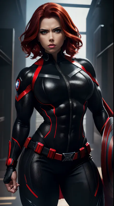 Black Widow marvel ,Bodybuilder, super strong, muscular, ABS, 35mm lens, photography, ultra details, HDR, UHD,8K