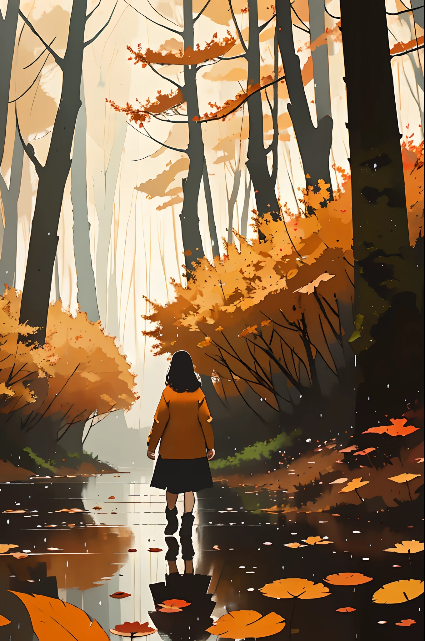 girl walking in the forest, season fall, yellow orange and red leafes falling from the trees, alone, raining weather, cloudy weather, heavy rain, moody colors