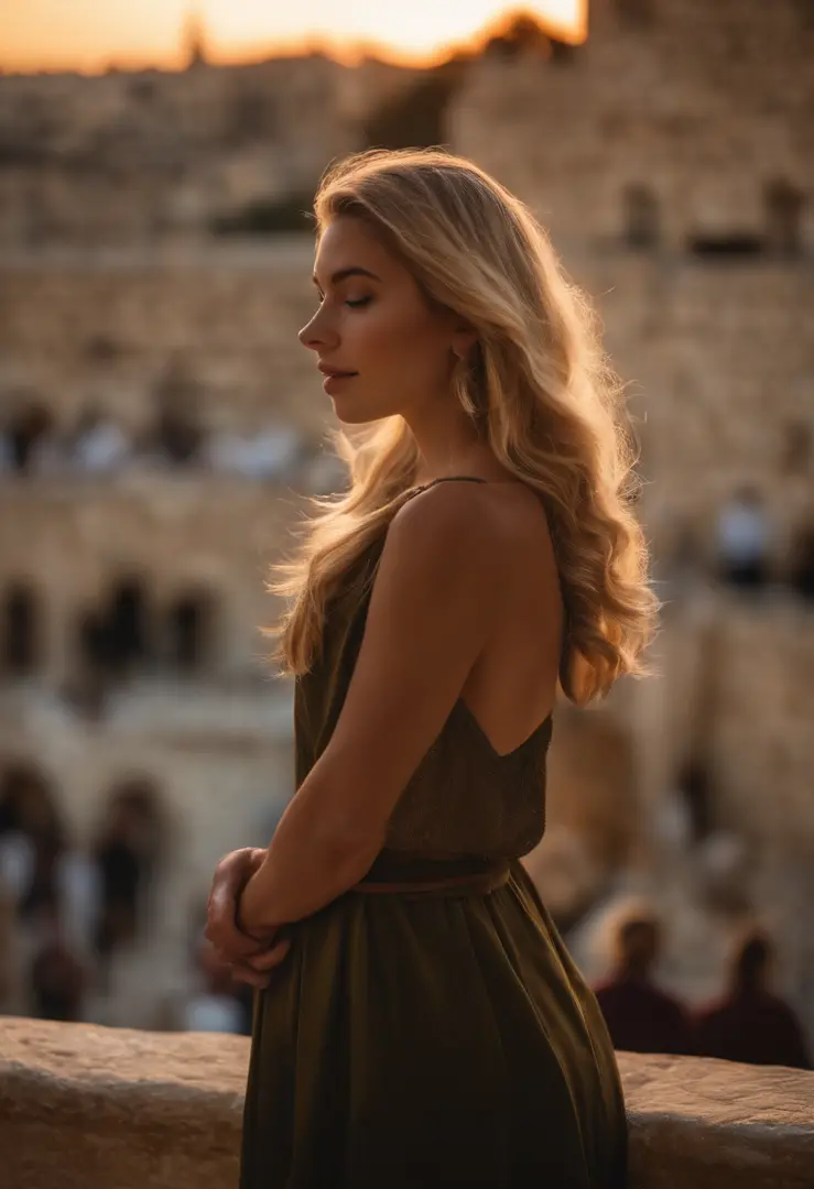 Uma mulher de cabelos lisos, Long and brown and lips well demarcated and  wearing few jewels and in the background the city of Jerusalem with bright  sun and its blurred image in